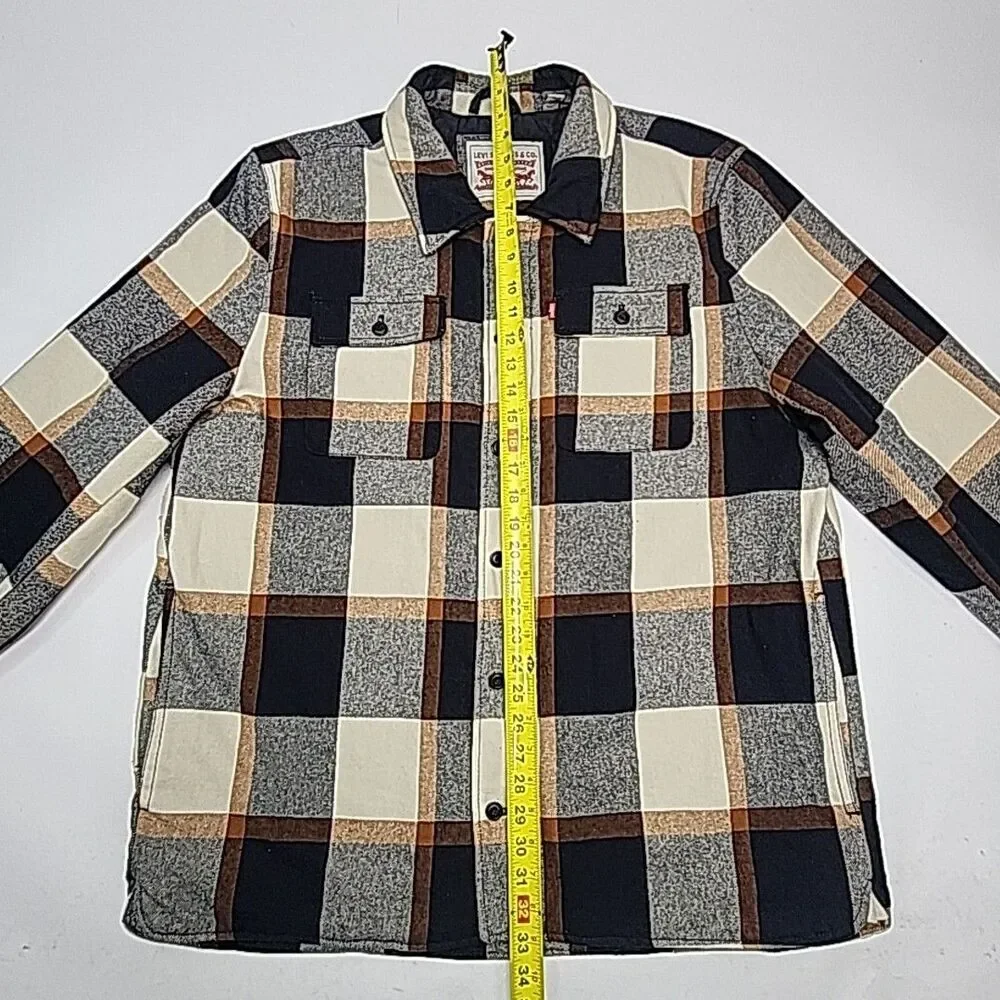 Levi Strauss Jacket Coat Quilt Lined Men Sz XL Zip Button Blue Tan Plaid Pockets